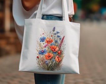 Tote aquarel zomerbloesem - 100% katoenen draagtas met wilde bloemen