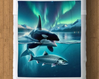 Aurora Borealis Ocean Scene Blanket, Killer Whale and Salmon Under Starry Sky