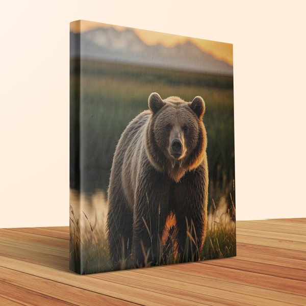 Stunning Grizzly Brown Bear at Sunset Canvas Print, Majestic Wildlife Wall Art, Nature Photography