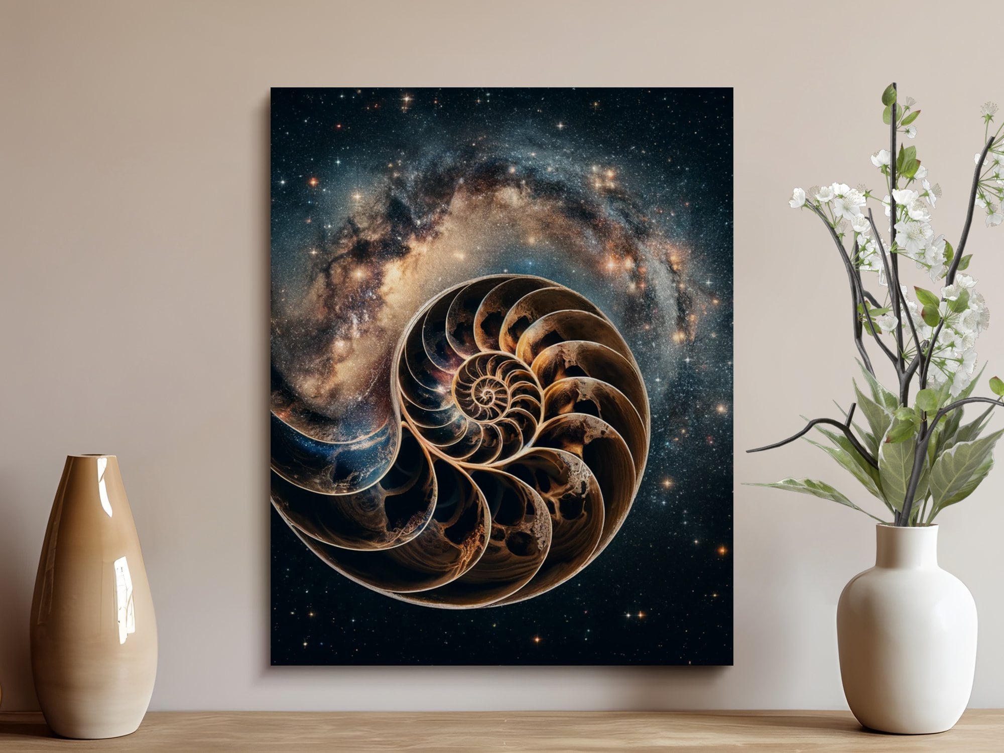 Spiral Galaxy and Nautilus Shell Composite Wall Art, Space and Nature ...