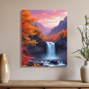 Waterfall Canvas Wrap, Autumn Sunset Landscape, Scenic Nature Wall Art, Mountain View Decor, Home Office Decoration
