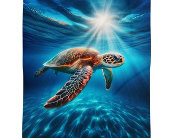 Coperta con tartaruga marina, tema spiaggia nautica, accogliente coperta con animali marini