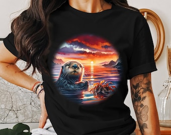 Camiseta con estampado de nutria al atardecer en acuarela – Ropa de vida silvestre