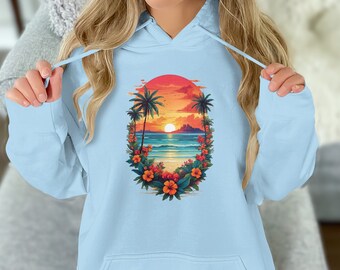 Tropischer Sonnenuntergang Grafik Hoodie, Palmen, Ocean Beach
