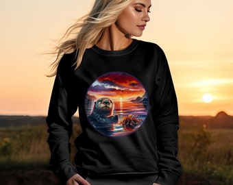 Camiseta, suéter y sudadera con capucha con estampado de acuarela de nutria al atardecer