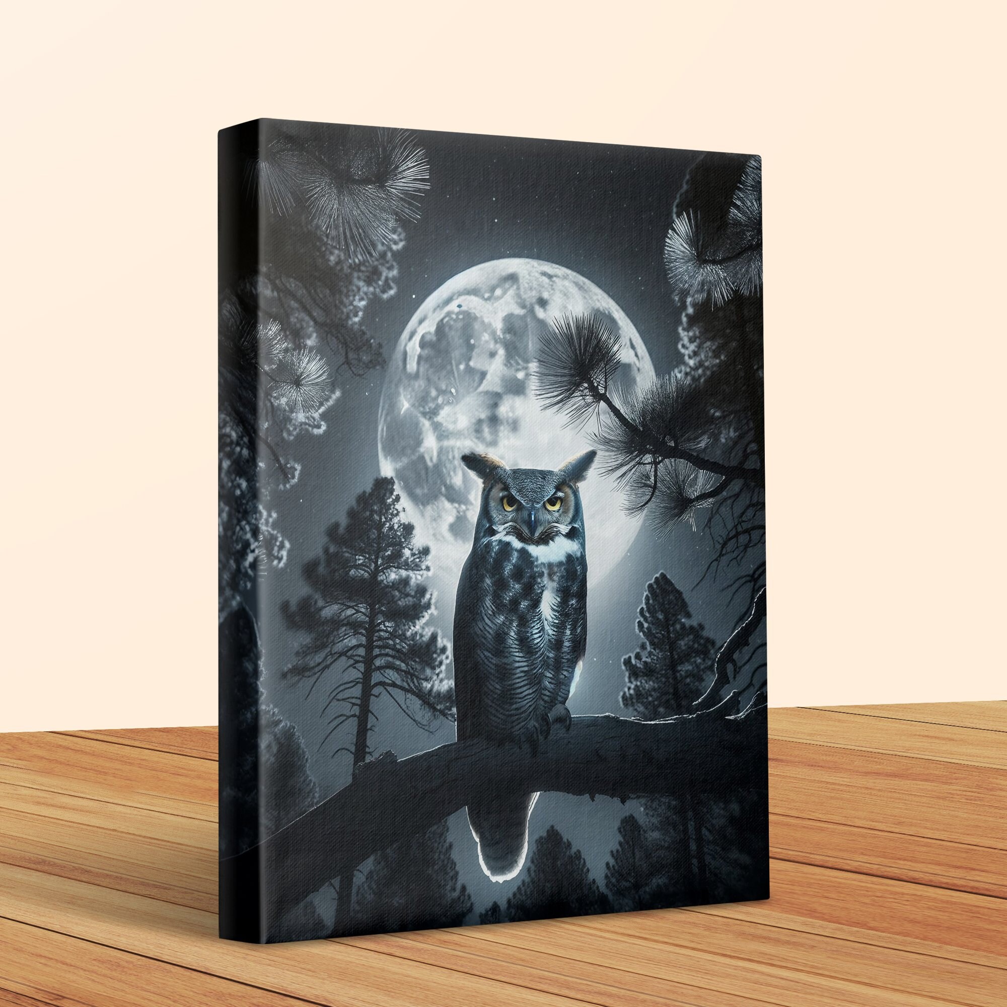 Moonlit Owl Canvas Art, Forest Night Sky Print, Woodland Home Decor