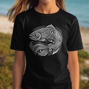 Tribal Salmon Art Graphic Tee, Unique Fish T-Shirt Design, Bold Black and White Tee, Artistic Graphic Fish Tee Unisex, Trendy Fish Shirt