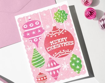 Tarjeta navideña retro rosa / Adornos originales (PDF)