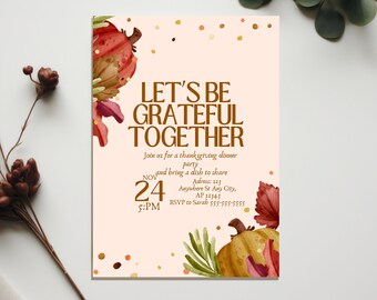 Invitación clásica de Acción de Gracias. Tarjeta Seamos agradecidos juntos