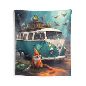 May include: A whimsical tapestry featuring a teal and white vintage Volkswagen van with a fox wearing a wizard hat. Frogs, birds, and other creatures are on the van and in the sky. The artwork has a dreamy, fairytale aesthetic.