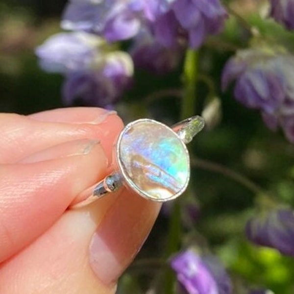 Natural abalone paua shell ring, 925 Sterling Silver, Handmade, oval cut, Whimsical and enchanting, stackable