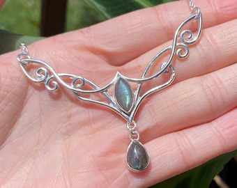 Angelic double Labradorite teardrop pendant, regal, whimsigoth , 925 sterling silver necklace, fairy, hand designed in Tasmania, Australia