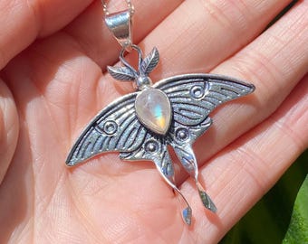 Moonstone Luna moth pendant, whimsigoth 3D design, 925 sterling silver necklace, angelic, fairy, hand designed in Tasmania, Australia