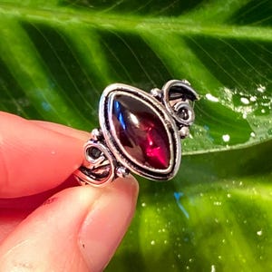 May include: A silver ring with an oval, deep red gemstone. The ring has an ornate, swirling design around the stone and on the band. The gemstone is set in a silver bezel.
