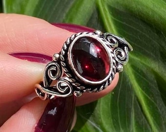 Natural Red Garnet ring, 925 Sterling Silver, Handmade, oval, Whimsical, enchanting, angelic, intricate design, unique, vampire, gothic