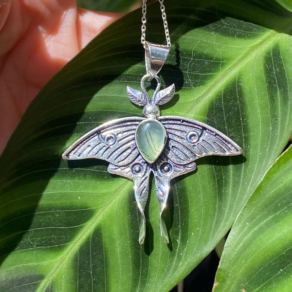 Green prehnite Luna moth pendant, whimsigoth 3D design, 925 sterling silver necklace, angelic, fairy, hand designed in Tasmania, Australia