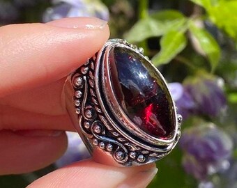 Natural garnet ring, 925 Sterling Silver, Handmade, marquise cut, Whimsical and enchanting, intricately designed, chunky statement