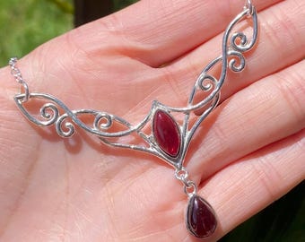 Angelic double Red Garnet teardrop pendant, regal, whimsigoth , 925 sterling silver necklace, fairy, hand designed in Tasmania, Australia
