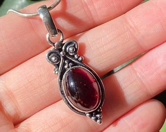 Angelic garnet oval pendant, regal fairy, whimsigoth, 925 sterling silver necklace, vintage art nouveau, delicate red gemstone, Tasmania