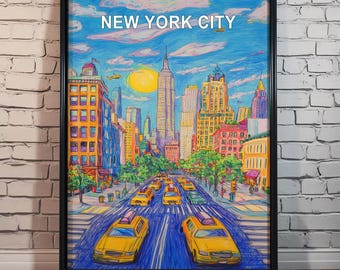 Colorful New York City Skyline Art Print: Empire State Building, Yellow Taxis (Digital Download)