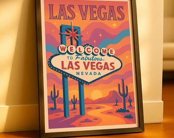 Retro Las Vegas Print: Desert Sunset, Welcome Sign (Digital Download