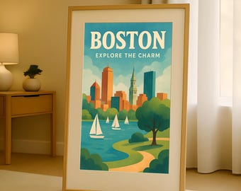 Vintage Boston Travel Poster: Retro City Skyline & Sailboats (Digital Download)