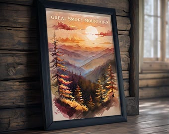Great Smoky Mountains Poster – Watercolor Sunset Landscape Wall Art, National Park Print, Appalachian Decor, Nature Scene, Digital Download