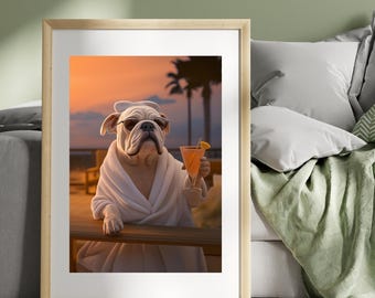 Funny Bulldog in Robe Print: Cocktail Spa Day Pet Decor (Digital Download)