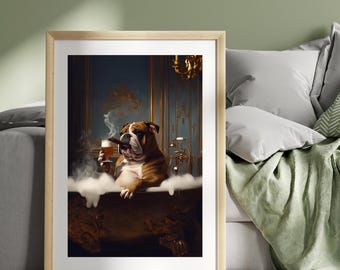 Luxury Bulldog Wall Art – Funny Dog in Bathtub with Cigar & Beer, Aristocratic Pet Decor, Humorous Animal Poster, Digital Download
