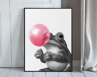 Funny Frog Blowing Bubble Gum Print: Whimsical Animal Pop Art (Digital Download)