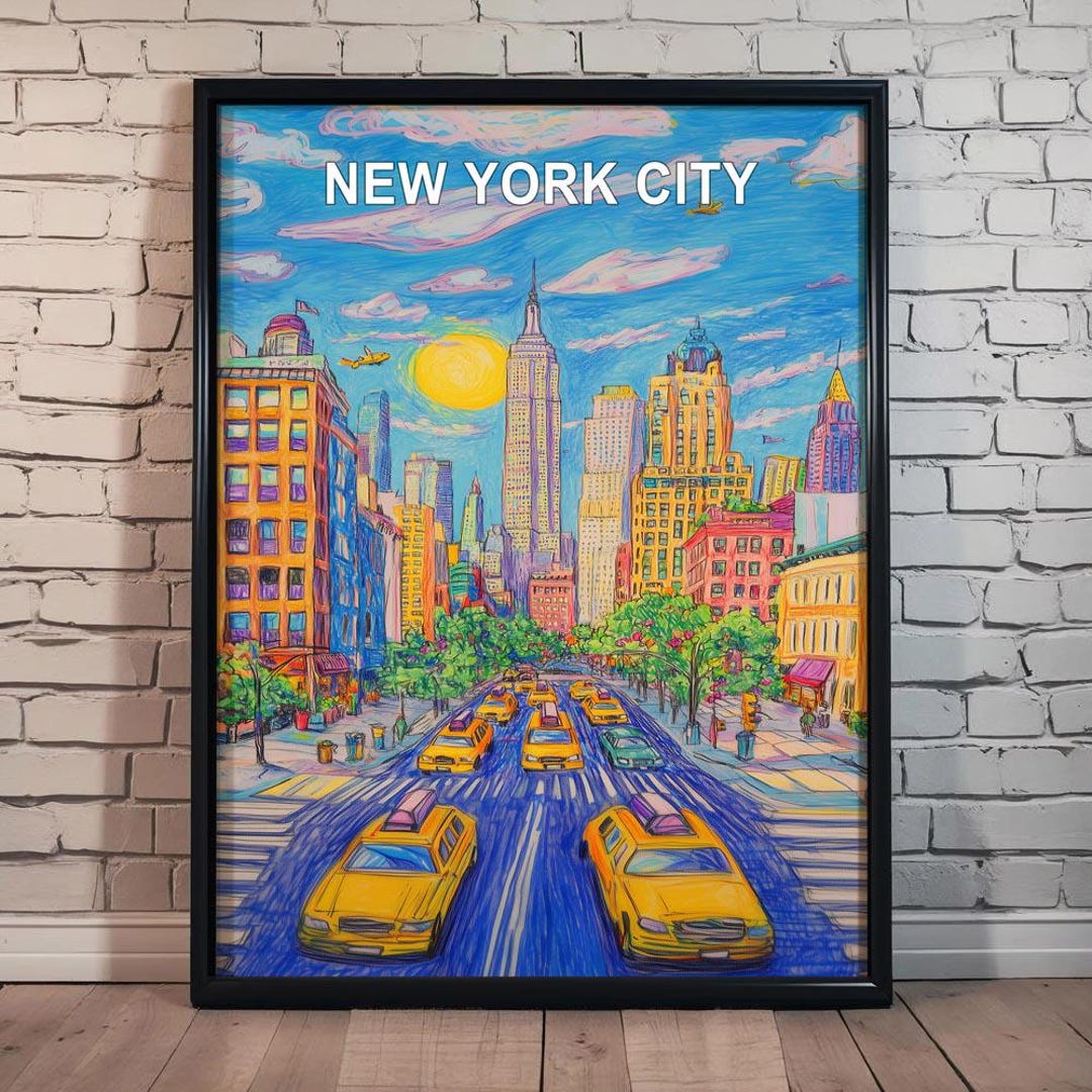Colorful New York City Skyline Art Print: Empire State Building, Yellow ...