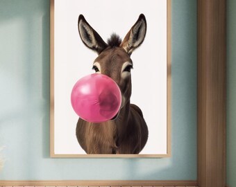Funny Donkey Bubblegum Print: Playful Bathroom Pet Portrait (Digital Download)