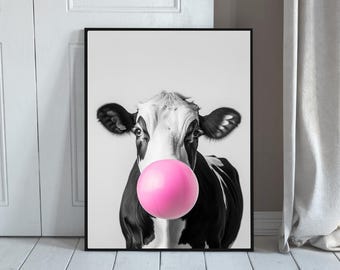Funny Cow Bubblegum Print: Quirky Farmhouse Animal Art (Digital Download