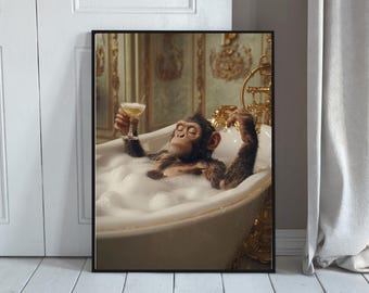 Funny Chimp in Bubble Bath Print: Cocktail, Spa Bathroom Art (Digital Download)