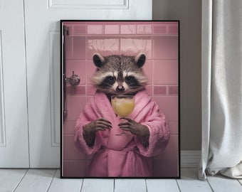 Funny Raccoon in Pink Bathrobe Print: Quirky Bathroom Bar Decor (Digital Download)