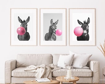 Funny Donkey Bubblegum Print Set: Black and White Animal Wall Art (Digital Download)