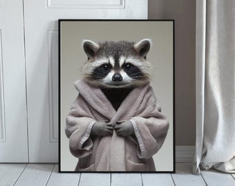 Cozy Raccoon in Bathrobe Art Print: Funny Animal Nursery Decor (Digital Download)