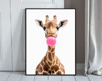 Funny Giraffe Bubblegum Print: Playful Nursery Wall Art (Digital Download