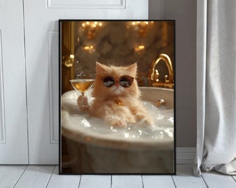 Animal Cat Poster - Cat in a bathtub drinking cocktail