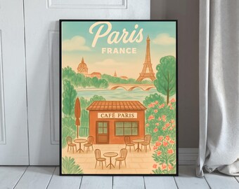Paris Café Wall Art - Vintage Travel Poster with Eiffel Tower (5 High-Res Files)