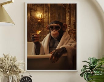 Chimpanzee in Tub Art Print: Funny Bathroom Wall Decor (Digital Download)