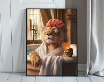 Funny Lion in Bubble Bath Art Print: Whimsical Animal Spa Decor (Digital Download