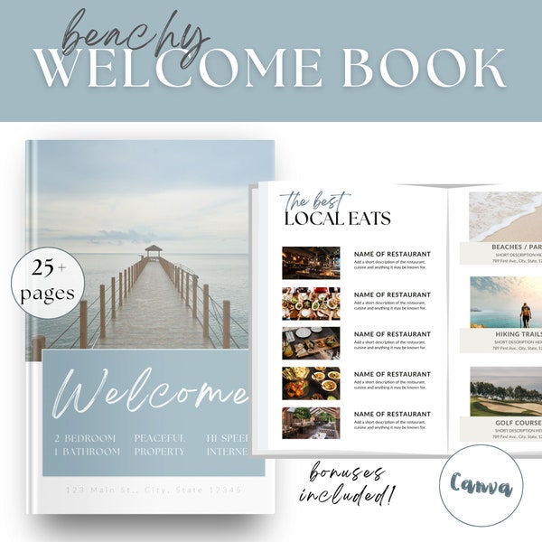 Plantilla de libro de bienvenida de Airbnb / Plantilla de libro electrónico de Coastal Beach / Editable en Canva / Opciones de diseño y letreros de inicio adicionales