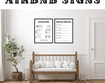 Op de afbeelding: Twee zwart-witte borden met witte tekst op een witte muur. Het bord links zegt "Welkom" en somt voorzieningen op zoals wifi, parkeren en wasgelegenheid. Het bord rechts zegt "Huisregels" en somt regels op zoals niet roken en geen huisdieren.