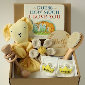 Newborn Gift Basket, Newborn Keepsake, Newborn Gift Box, Wooden Rattle, Baby Shower Gift Basket, Baby Brush, Cute Baby Socks