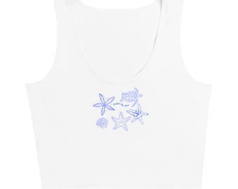 Camiseta sin mangas bohemia chic bajo el mar: diseño de conchas y tortugas, moda de verano inspirada en el agua