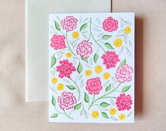 Pink Floral Pattern Illustration Greeting Card - Valentine's Card