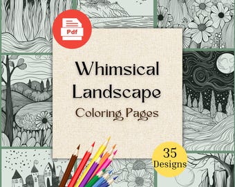 Dibujos para colorear de paisajes fantásticos / Láminas para imprimir de naturaleza / Dibujos para colorear para adultos / 35 diseños fantásticos (patrón en PDF)