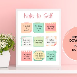 Note to Self Affirmations | Mental Health Reminders | Self Love Poster | Therapist Office | Mindfulness