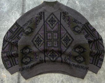 Vintage 90s Argyle Aztec Moss Green Purple Grunge Sweater